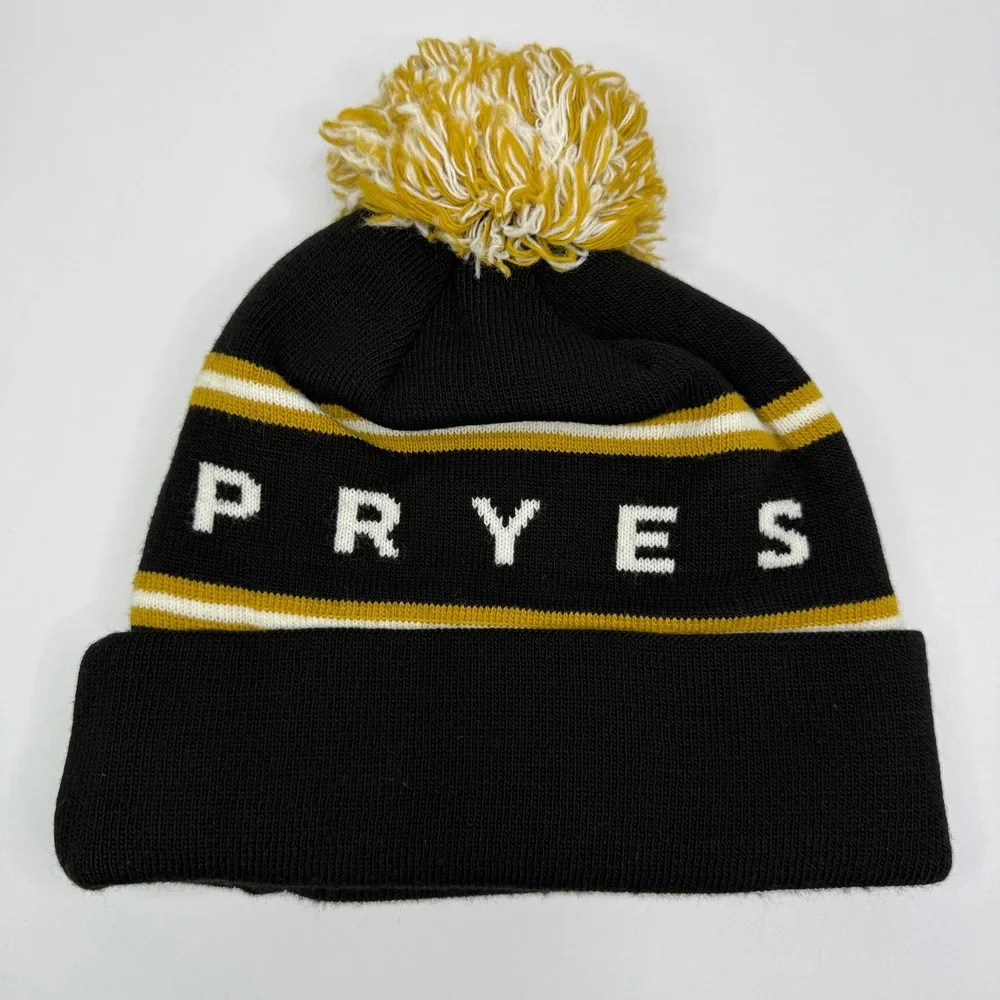 Pryes Brewing Beanie Mens OSFM Black Gold Striped Pom Pom Knit Hat Craft Beer